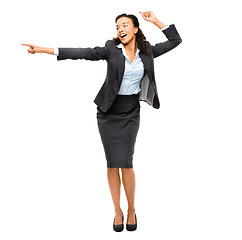 Image showing Business woman, dancing or pointing hands at success promotion, sales deal or finance bonus on isolated white background. Smile, happy or worker dance and show finger in winner celebration or victory