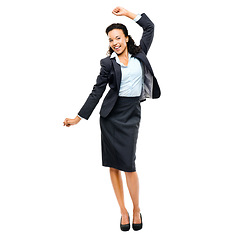 Image showing Business woman, dancing or success expression for company growth, sales deal or finance salary bonus. Smile, happy or worker dance in celebration, winner or comic victory on isolated white background