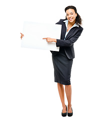 Image showing Business woman, hands or pointing at poster promotion, billboard branding mockup or product placement space. Smile, happy and corporate banner paper for worker sales deal on isolated white background