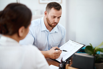 Image showing Clipboard, documents and business people or clients in office in advice, support or talking of invoice or financial report. Proposal, quote and financial advisor speaking to woman and planning budget