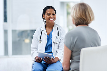 Image showing Women, patient and doctor with a tablet, consultation and conversation for diagnosis, cure and treatment. Medical professional, employee and female person in a hospital, technology and discussion