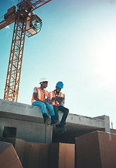 Image showing Tablet, engineer and talking on building roof at construction site for vision, development or architecture. Black woman and man outdoor for engineering teamwork, mobile app or safety with sky mockup