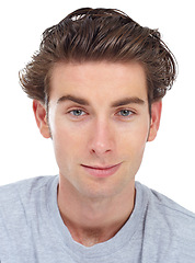 Image showing Headshot of man, face and confidence in portrait, young gen z youth isolated on white background. Attractive male model smirk, looking straight ahead with confident expression and pride in studio