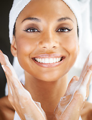 Image showing Skincare, closeup of woman cleaning face and smile for beauty in portrait. Satisfied with shine, routine or hygiene and skin or morning wellness of African female model with isolated treatment