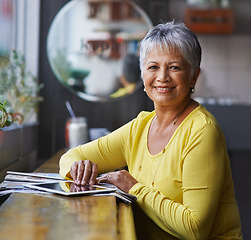 Image showing Portrait, smile and senior woman with a tablet, cafe and online reading with joy, social media or connection. Face, mature female person or elderly lady with technology, happy or relax at coffee shop