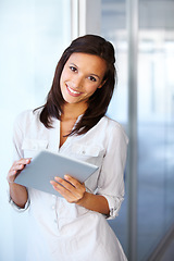 Image showing Portrait, digital tablet and happy business woman in office for planning, management and project. Face, smile and confident female manager online for schedule, marketing or advertising research