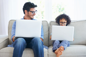 Image showing Laptop, relax and family father, child or people sitting on home sofa, search online website or typing internet research. Elearning, remote education and happy man enjoy bonding quality time with kid