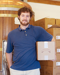 Image showing Portrait, beer and box with a man in a brewery for the production, packaging and delivery of alcohol. Warehouse, logistics and industry with a male brewer in a factory for stock taking or shipping