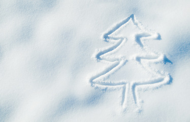 Image showing Drawing of Christmas tree in snow, nature and winter with festive holiday, mockup space and closeup. Creative, art and texture with cold season, print on ground with white xmas and celebration