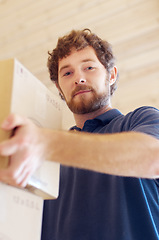 Image showing Portrait delivery and man with boxes, packing and product with stock, organized and industrial. Face, male person and employee with cardboard, moving and shipping with a package and distribution