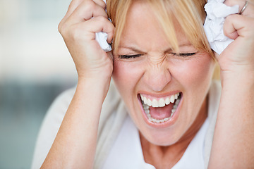 Image showing Stress, screaming and frustrated woman with crumpled papers in business office. Burnout, shouting and closeup of female person with depression, headache or anxiety, nervous breakdown or anger at work