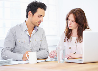 Image showing Documents, review and business woman with partner in meeting collaboration, teamwork and financial planning. Startup employees or people with paperwork, feedback or advice on finance, taxes or profit