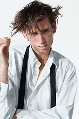 Image showing Messy business man, depression and studio for pulling hair, think and lost with mental health by white background. Isolated businessman, stress or anxiety with frustrated face, crazy with problem