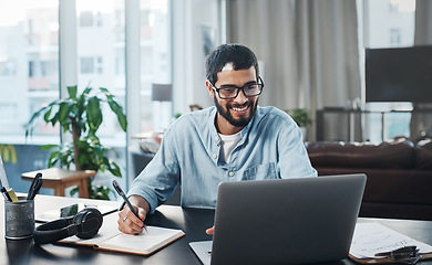 Image showing Laptop, writing notes and man with remote work planning a creative freelance project at his home. Technology, reading and male freelancer doing research on computer while working in his living room.