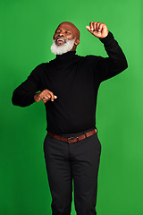 Image showing Happy, dance and smile with black man on green screen for celebration, music or excited. Happiness, dancer and energy with senior person dancing isolated on studio background for freedom and movement