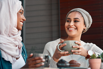 Image showing Relax, coffee and muslim women in cafe for conversation, food and social. Happy, relax and culture with arabic female customer drinking tea in restaurant for discussion, happiness and meeting