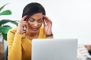 Image showing Stress, headache and business woman on computer thinking of mistake, health problem or work from home burnout. Depressed, anxiety and fatigue or migraine pain of african person or designer on laptop
