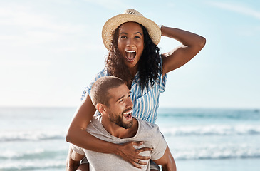 Image showing Beach, piggyback and excited woman with happy man on romantic summer holiday with waves and travel to ocean. Romance, happiness and couple at sea for adventure date on vacation together in Mexico.