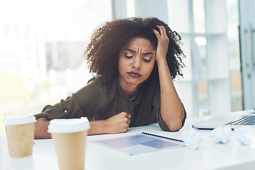 Image showing Burnout, stress and business woman in office for fatigue, overworked and exhausted from working. Anxiety, tired and African female worker overwhelmed with proposal deadline, workload and pressure