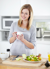 Image showing Kitchen, health and portrait of woman with salad for healthy eating, meal and lunch at home. Food, nutrition and happy female person smile with hot drink and vegetables for diet, weightloss and detox