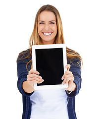 Image showing Tablet, mockup screen and woman in portrait isolated on white background of website design or advertising. Happy person or online user with digital technology, application and mock up space in studio