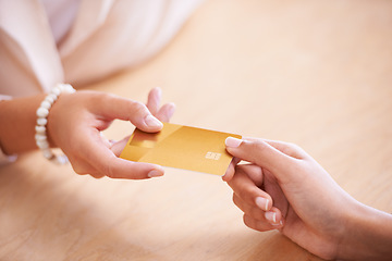 Image showing Payment, service and hands of people with a credit card to pay for a booking or reservation. Retail, shopping and a woman giving for transaction, sales and paying for services at a store or reception