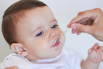 Image showing Food, breakfast and feeding with baby and mother for weaning, growth and childcare nutrition. Health, development and eating with woman and infant in family home for morning, bonding and dining