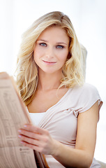 Image showing Portrait, woman and reading newspaper in white background for article, information and isolated studio. Female model with print media, story update and knowledge of international newsletter in paper