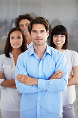 Image showing Business people, portrait and arms crossed in leadership, management or teamwork at the office. Confident employee professional standing in confidence for team building or company goals at workplace