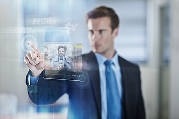 Image showing 3D, hologram and businessman watching online news on the internet using software technology for information. Futuristic, broadcast and man corporate employee streaming journalist review