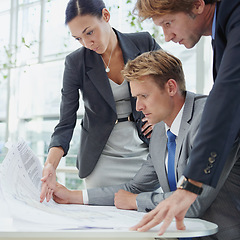 Image showing Architecture, coworkers with blue print and planning construction of building or project together. Teamwork or collaboration, strategy or ideas and architect colleagues with paperwork or design