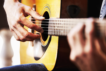 Image showing Closeup, hands or man with a guitar, musician and creative with sounds, training and practice for performance. Zoom, male performer or artist with string instrument and professional guitarist playing