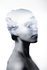 Image showing Overlay, thinking and woman with mountains, water and nature with freedom, carefree and wonder. Female person, lady and model with double exposure, natural and thoughts with ideas, creative and art