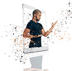 Image showing Fitness, karate and a serious man on a phone app isolated on a white background in a studio. Training support, coach and a guy with moves for a cardio fight and exercise on a mobile with color splash