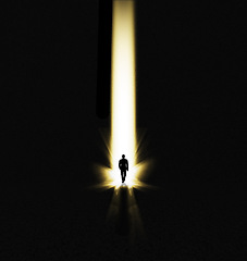 Image showing Walking man, faith and miracle light with shadow showing beam and spotlight for hope. Male, silhouette and entrance with mock up and isolated black background with art, journey and heaven doorway