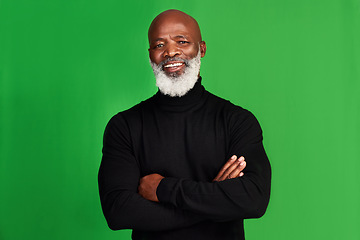 Image showing Happy, arms crossed and portrait of black man on green screen for confident, fashion and elegant style. Happiness, smile and senior with male model isolated on studio background for pride and mockup