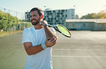 Image showing Tennis, injury and joint pain by man at court for fitness, training or workout with problem. Sports, accident and male player with arthritis and injured arm, osteoporosis and muscle or fibromyalgia