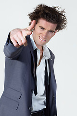 Image showing Business man, finger gun and studio portrait with messy suit, silly and mental health by white background. Isolated businessman, shooting sign and emoji with wrinkled clothes, hair and crazy face