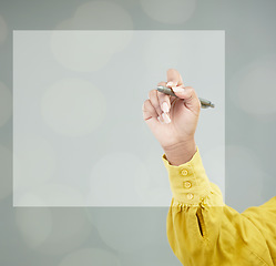 Image showing Hand, writing and digital pen on space of woman in advertising, marketing or UI design. Female person or writer drawing on blank, empty or square box for web on touch screen notes or doodle on hud