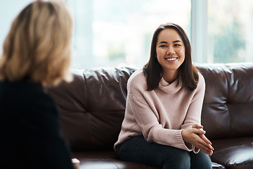 Image showing Therapy, happy women have a conversation on sofa and speaking or talking with a psychologist. Mental health or communication, support or consulting and people on couch have a discussion together