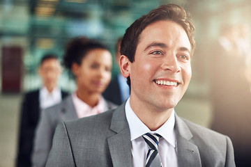 Image showing Business man, audience and meeting or presentation with person listening to seminar, workshop or training. Group of people at conference, convention or corporate event for information or education