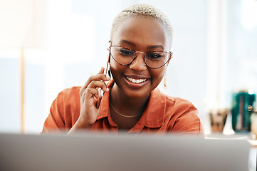 Image showing Laptop, phone call and face of black woman in office talking for connection, contact and planning. Communication, networking and happy female worker on computer for proposal, conversation and chat