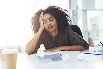 Image showing Stress, burnout and tired business woman in office with fatigue, overworked and exhausted from working. Sleeping, anxiety and African female worker lazy for deadline, workload and pressure at desk