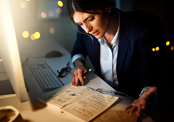 Image showing Night, notes or businesswoman reading research or paperwork overtime working on growth strategy. Late, lens flare or focused employee brainstorming ideas for project deadline on internet in office