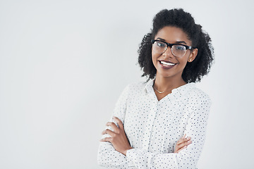 Image showing Smile, business and portrait of black woman with arms crossed in studio isolated on a white background mockup. Glasses, confidence and face of professional, entrepreneur or person from South Africa.