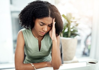 Image showing Stress, depressed or black woman in office with headache pain from job pressure or burnout fatigue in company. Bad migraine problem, business or tired girl employee frustrated by deadline anxiety