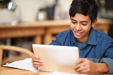 Image showing School, tablet and boy in classroom with smile learning, internet website and young students. Digital education, elearning and child in Montessori class, happiness and studying with online reading.