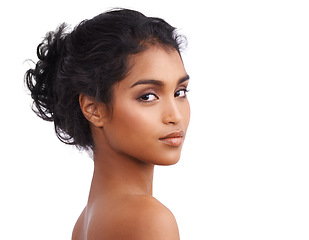 Image showing Portrait, skincare and Indian woman with beauty, cosmetics and lady isolated against a white studio background. Face, female person and confident model with dermatology, salon treatment and grooming