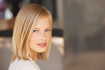 Image showing Face, natural beauty of woman and confidence or proud in blurred background at home. Stylish, relaxed or elegance and a serious female person in closeup with mockup indoors at their house in Denmark