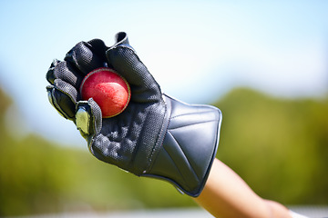 Image showing Cricket, ball and hand with a wicket keeper making a catch during a sports game outdoor on a pitch. Fitness, glove and caught with a sport player playing a competitive match outside during summer